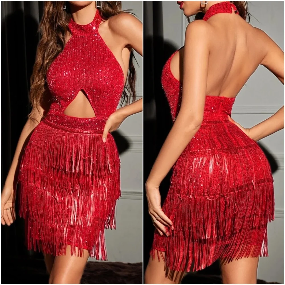 Luxe champagne Sequin Fringe Sexy Bodycon Evening Party halter Dress - Picture 4 of 8